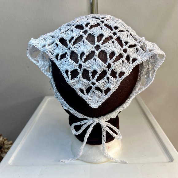Hand made crochet triangle cotton bandana head scarf white w 